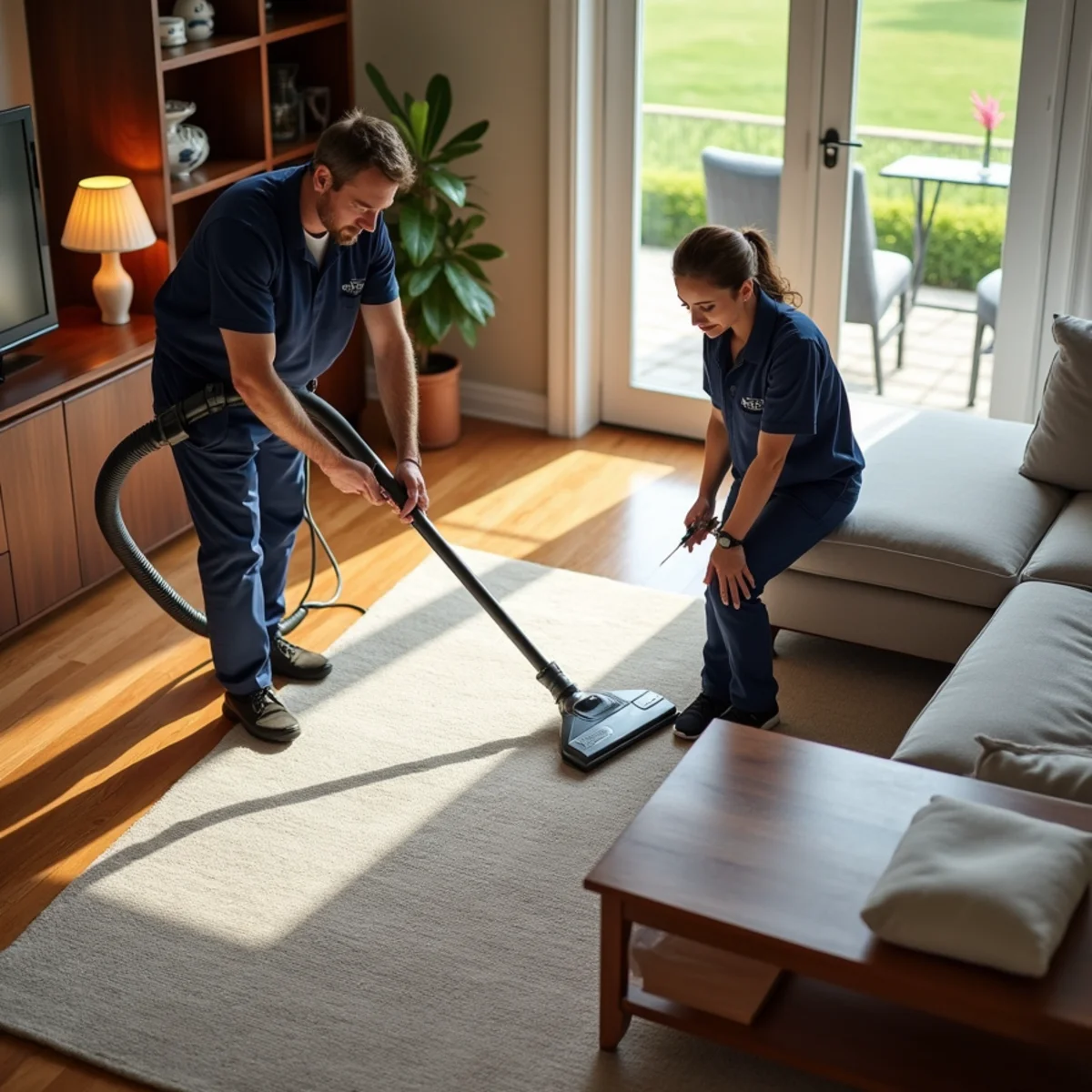 JM Cleaning Group specialist detailing living room rug and furniture in Selden NY