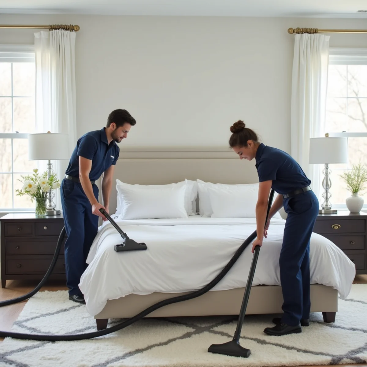 Freshly made bedroom and dusted furniture during recurring maid service in Selden NY