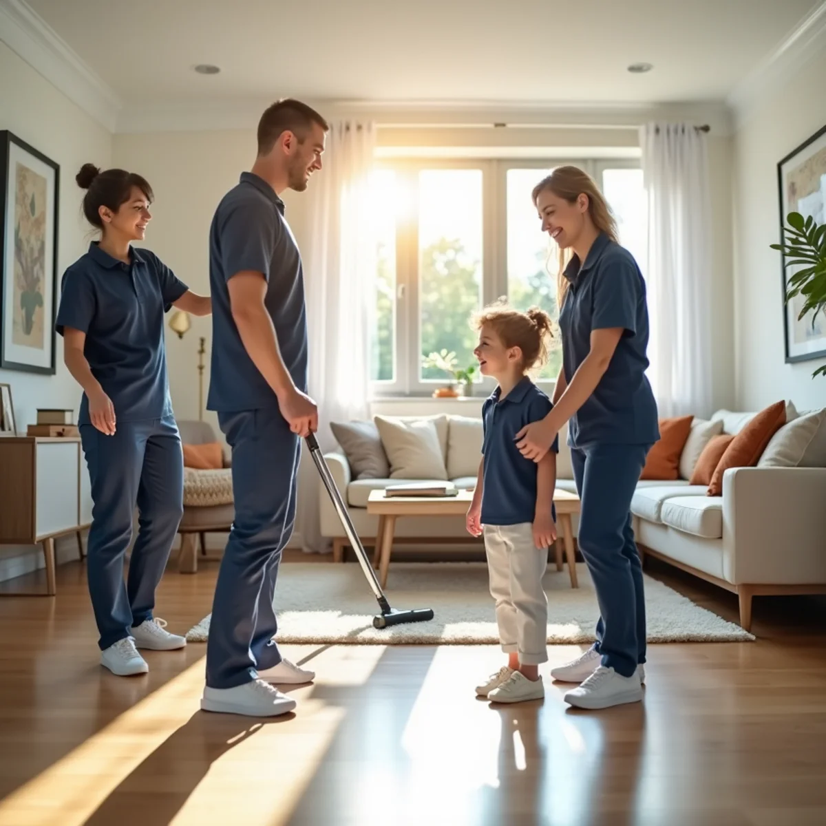 Happy Long Island family enjoying spotless clean living room