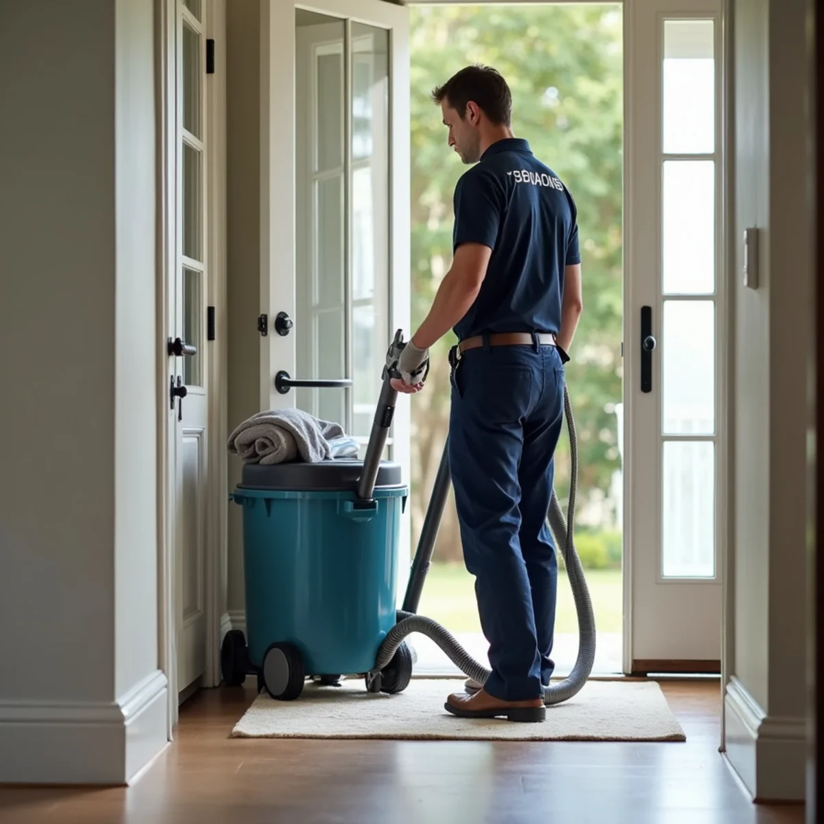 JM Cleaning Group service technician arriving with supplies for rapid same-day cleaning